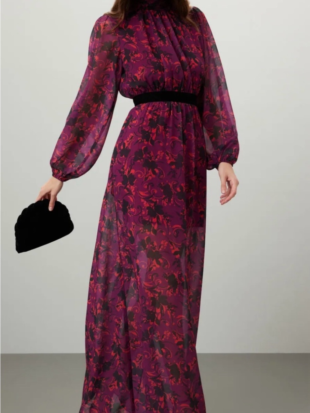 LDT Sheer Long Sleeve Floral Maxi Dress in Plum
